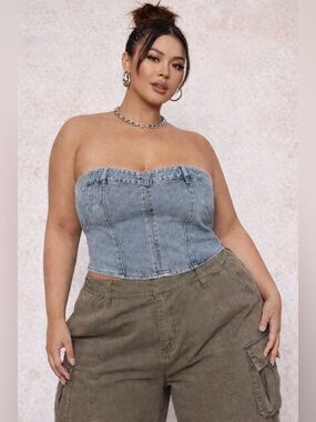 PrettyLittleThing denim corset waistband top vintage  zip front plus US 18‎ NWT